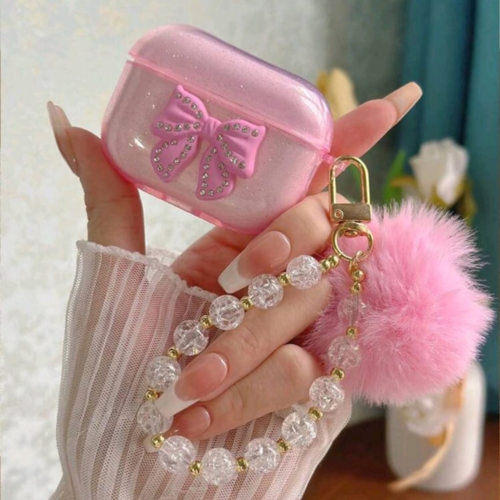 Pink Glitter AirPods Case with Bow and Pom Pom (Airpod Pro 2nd Generatio)